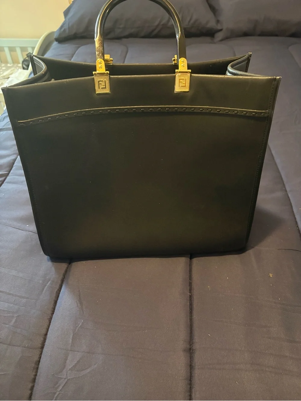 Black and Gold Leather Top-Handle Bag